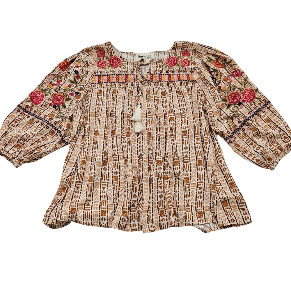 Savanna Jane Womens Boho Peasant Embroidered Geometric Tassel Blouse Sz M